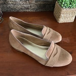 ALFANI tan suede flats with gold accents