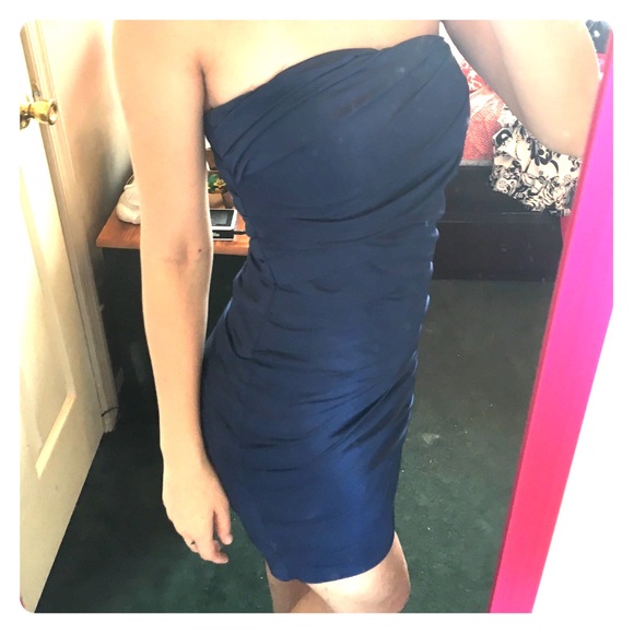 Strapless Navy Blue Body-Con Ruffle Dress - Picture 1 of 3