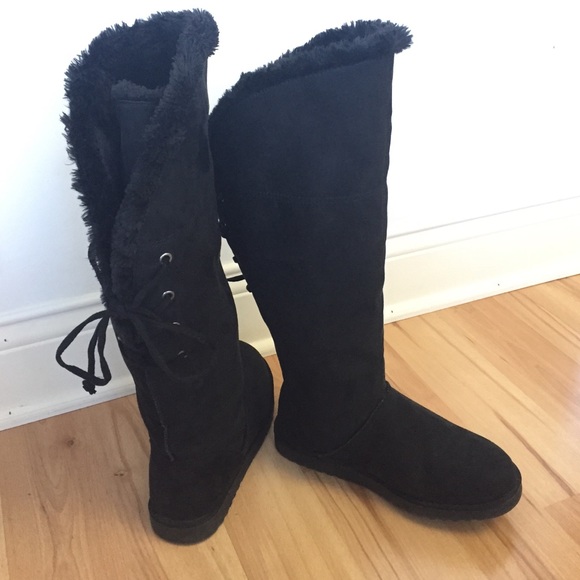 Shoes - Faux Fur Tall Lace-Up Boots