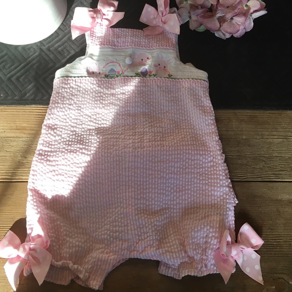 Gingham pink bunny romper