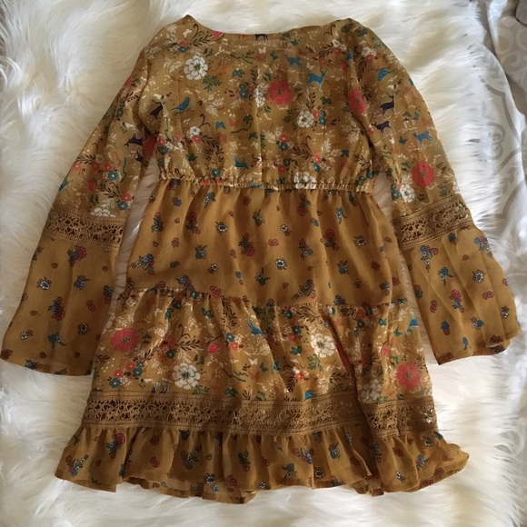 Deer printed copper colored dress w crochet detail