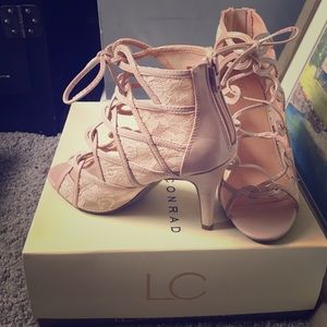 New Lauren Conrad open-toed, lace-up, tan heels