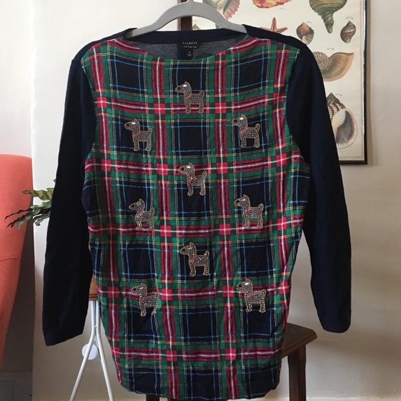Snazzy dog plaid wool light sweater. Talbots