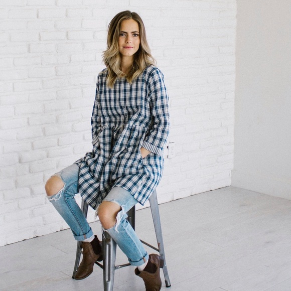 Blue plaid peplum top with 3/4 sleeves