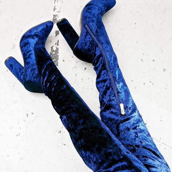 Blue velvet thigh high boots