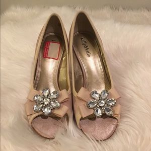 champagne peep toe with crystal embellishment