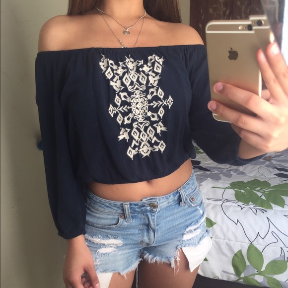 Hollister navy blue cropped off the shoulder Top