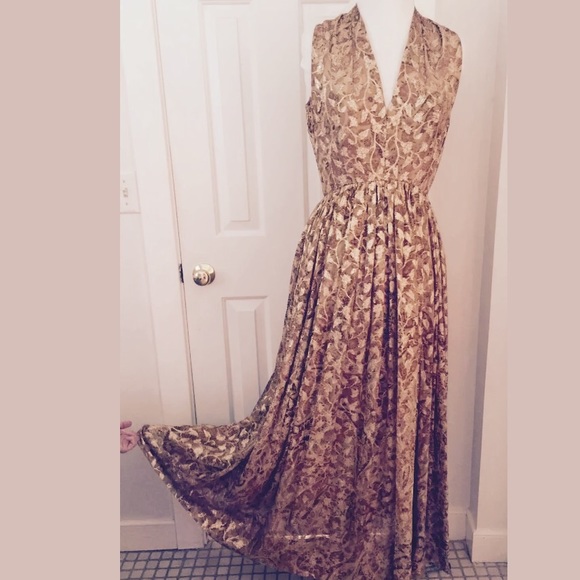 Vintage Saks Fifth Avenue Silk Dress Gold Lace 70s - Picture 2 of 4
