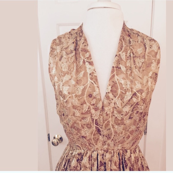 Vintage Saks Fifth Avenue Silk Dress Gold Lace 70s - Picture 3 of 4