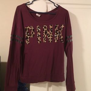 Maroon PINK Scoopneck Varsity Tee w Sequin Cheetah