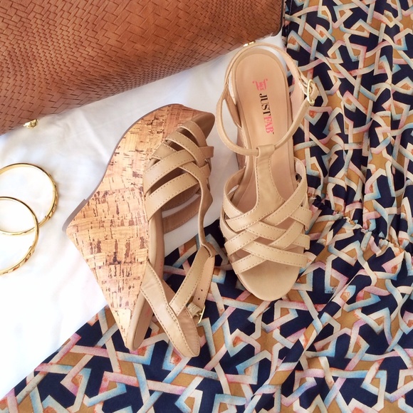 T Strap Light Tan Cork Wedge Sandals