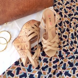 T Strap Light Tan Cork Wedge Sandals
