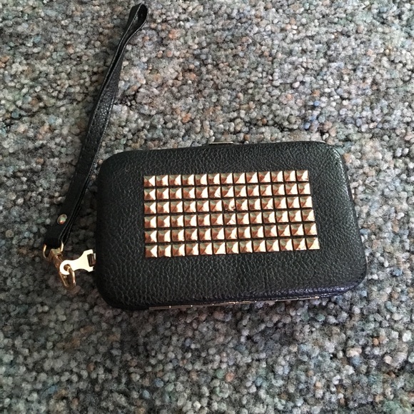 Gold and Black Leather Spike Wristlet