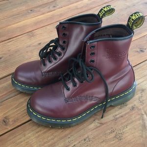 Cherry colored Dr. Martens '1460 W' Boots