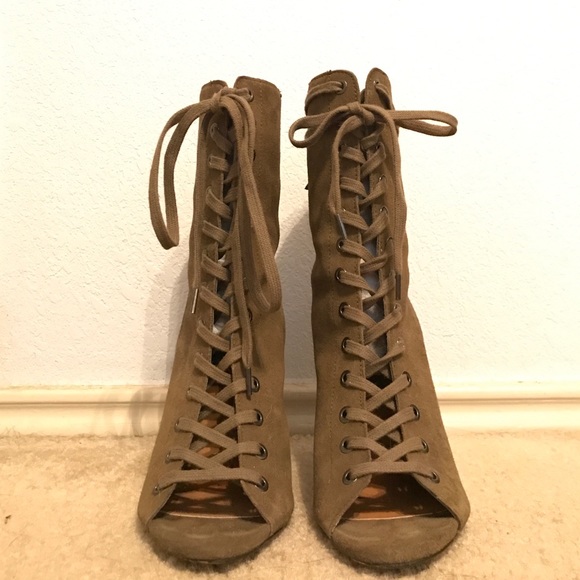 Steve Madden army green suede, peep-toe booties