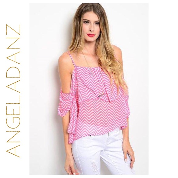 Pink and Ivory Chevron Print Off Shoulder Top