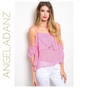 Pink and Ivory Chevron Print Off Shoulder Top