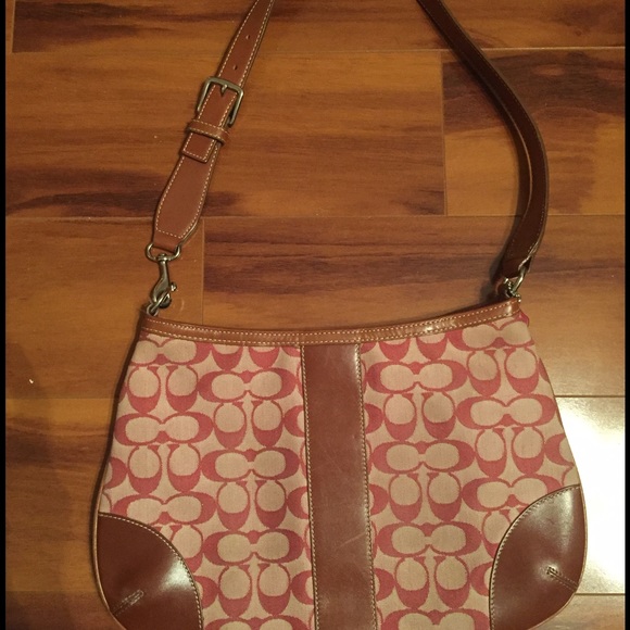 Coach Bag Burgundy Pattern w/ Brown Leather  strap