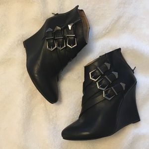 Madison black buckle wedge booties