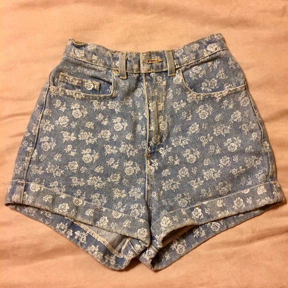 High waisted denim floral shorts
