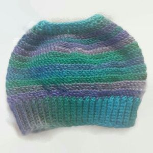 Crochet Messy Bun Beanie- Peacock