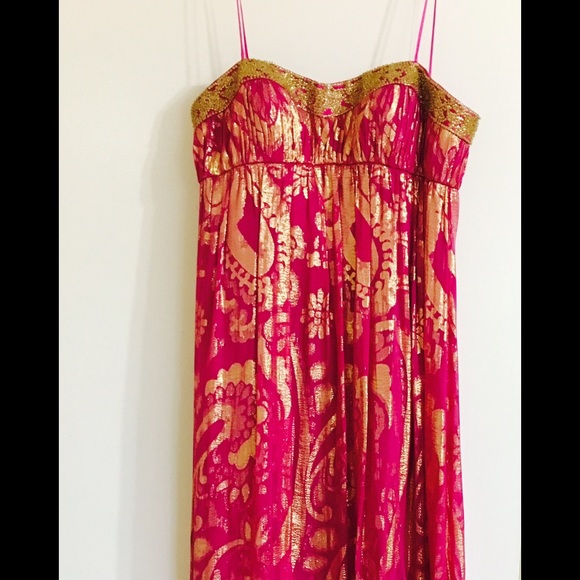 Maxi evening dresss oriental Fuschia and gold