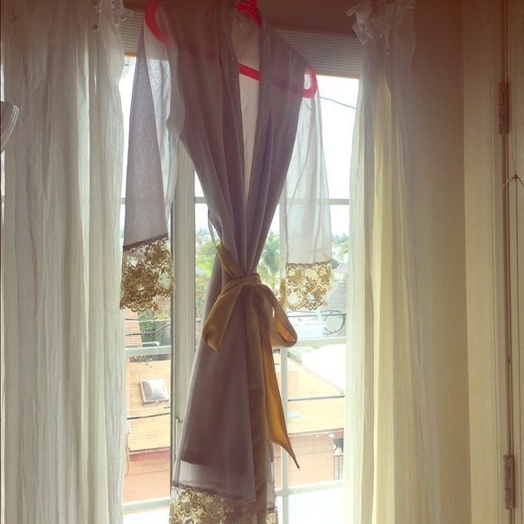 Grey chiffon robe with gold lace trim