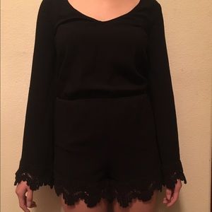 Short Black Crochet Trim Romper