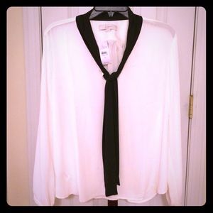 Loft White and Black V Neck Tie Silk Blouse
