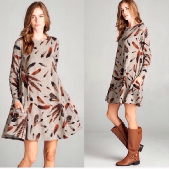 ❣️LAST-S❣️Mocha Feather Print Loose Swing Dress - Picture 2 of 2