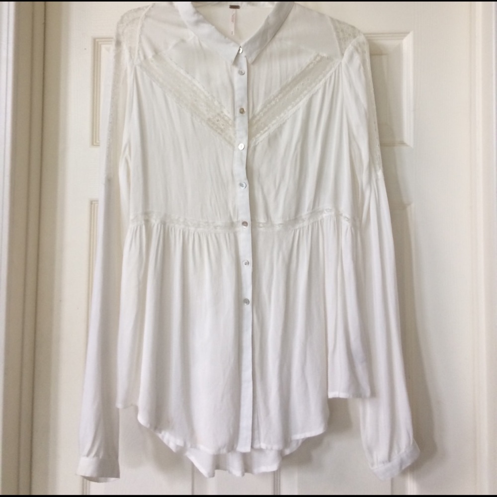 Free People Women's White Lace Trim Blouse Top M