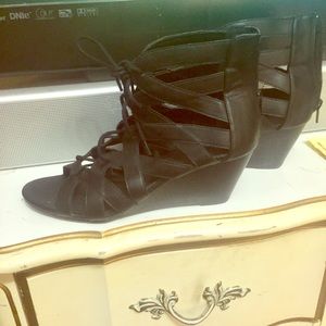 Black strappy lace up wedge