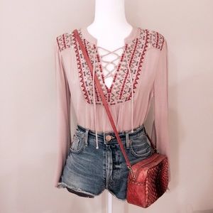 NWOT Embroidered Lace-up Top
