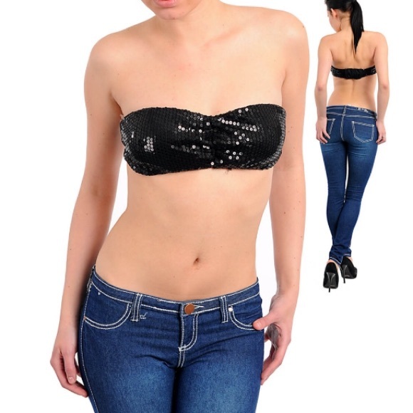 Sequin bandeau bra strapless bra new sexy black - Picture 2 of 2