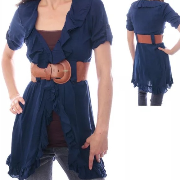 Ruffled tunic top long cover up belted Navy blue - Picture 2 of 4