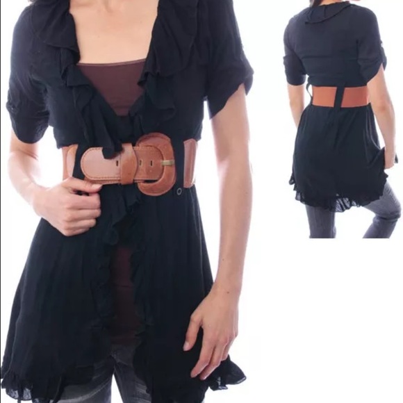 Ruffled tunic top long cover up belted Navy blue - Picture 3 of 4