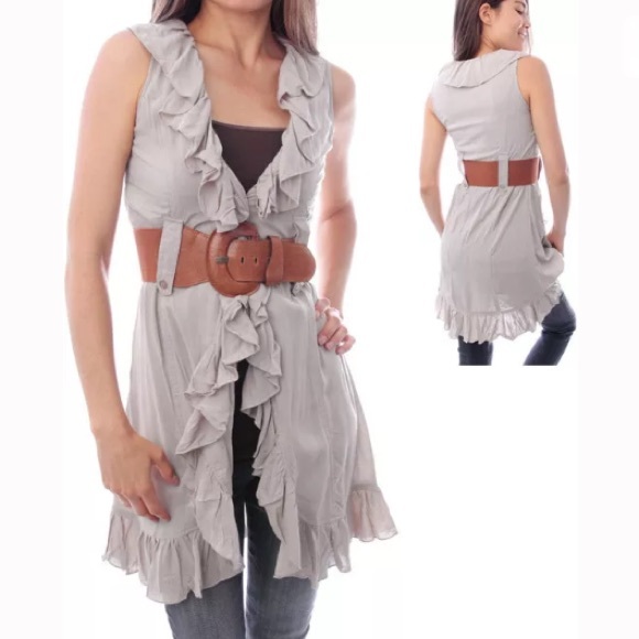 Ruffled tunic top sleeveless belt new classic - Picture 3 of 4