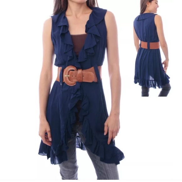 Ruffled tunic top sleeveless belt new classic - Picture 2 of 4