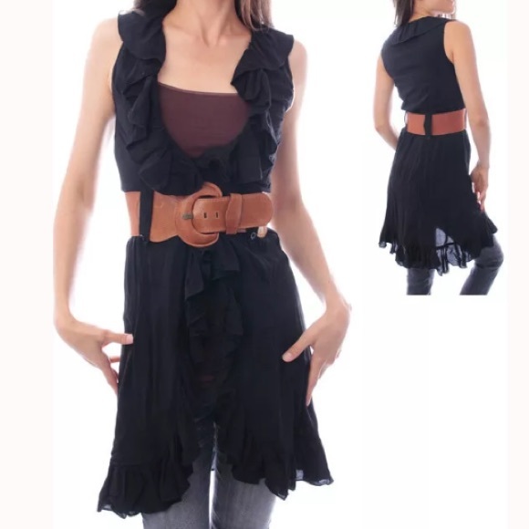 Ruffled tunic top sleeveless belt new classic - Picture 4 of 4