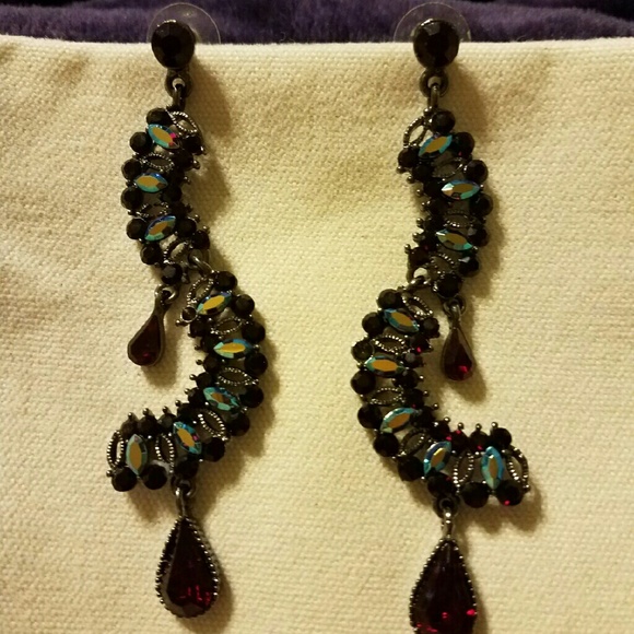 Earrings, red and hematite stones set in silver