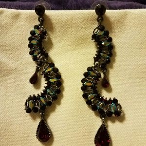 Earrings, red and hematite stones set in silver