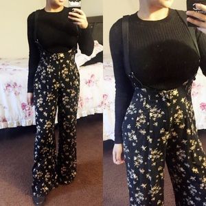 Wide Leg Floral Suspender Pants