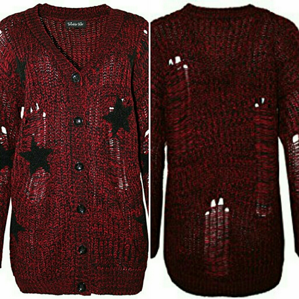 Burgundy Oversized Chunky Knit Distressed Cardigan - Picture 2 of 2