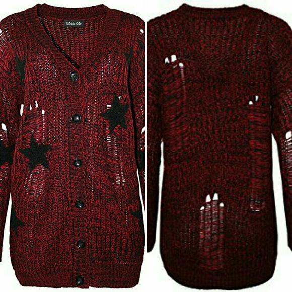 Burgundy Oversized Chunky Knit Distressed Cardigan - Picture 2 of 2