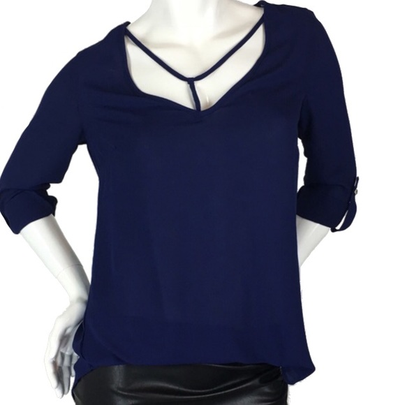 Tops - Blouse with Neck Cutout and Rolled Cuffs