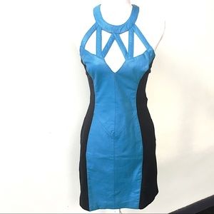 Leather cage dress Wilson's blue bandage dress