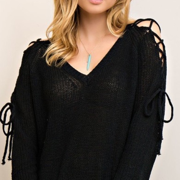 SALE!!! BLACK LACE UP LIGHTWEIGHT SWEATER - Picture 2 of 4