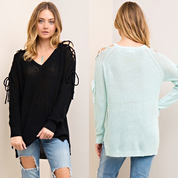 SALE!!! BLACK LACE UP LIGHTWEIGHT SWEATER - Picture 3 of 4