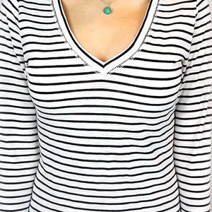 Black & White Striped Long-Sleeved V-neck