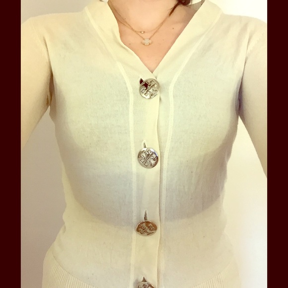 Tory Burch cream wool cardigan sweater logo button